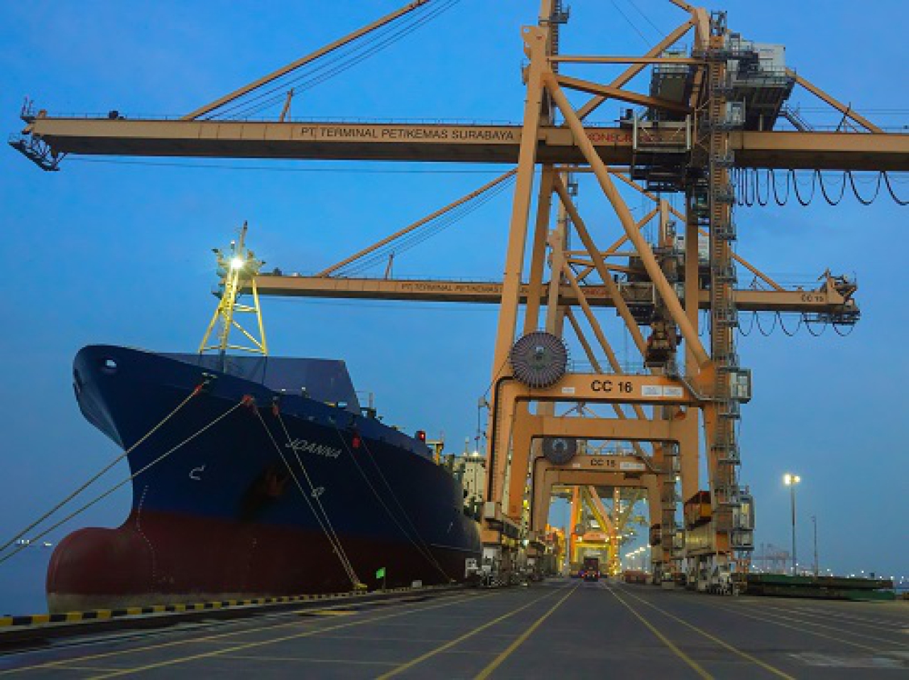 Foto istimewa: Kapal yang sedang bersandar di Dermaga Internasional PT Terminal Petikemas Surabaya.