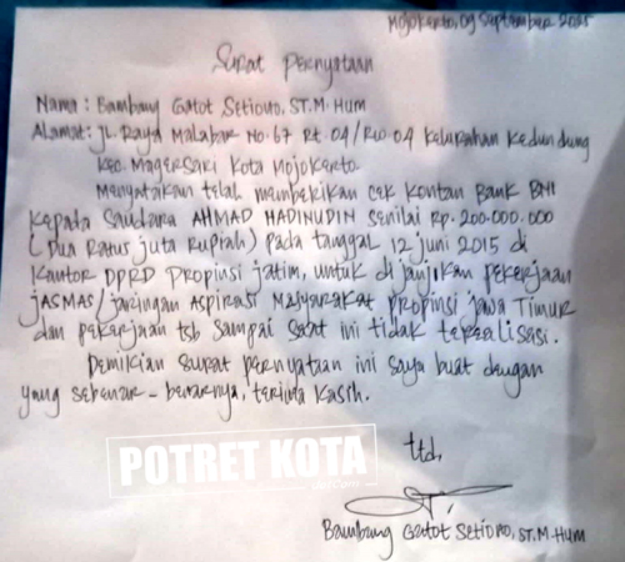 Surat Pernyataan Bambang Gatot Setiono.