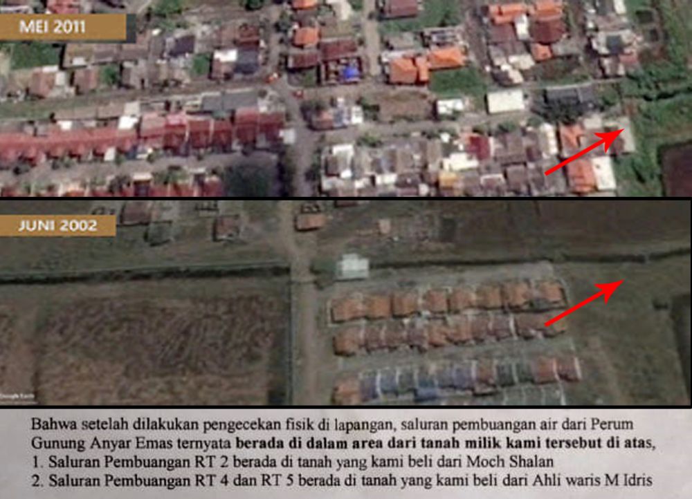 Foto Capture Google Earth, tanda panah merah menunjukkan aliran sungai berubah menjadi perumahan