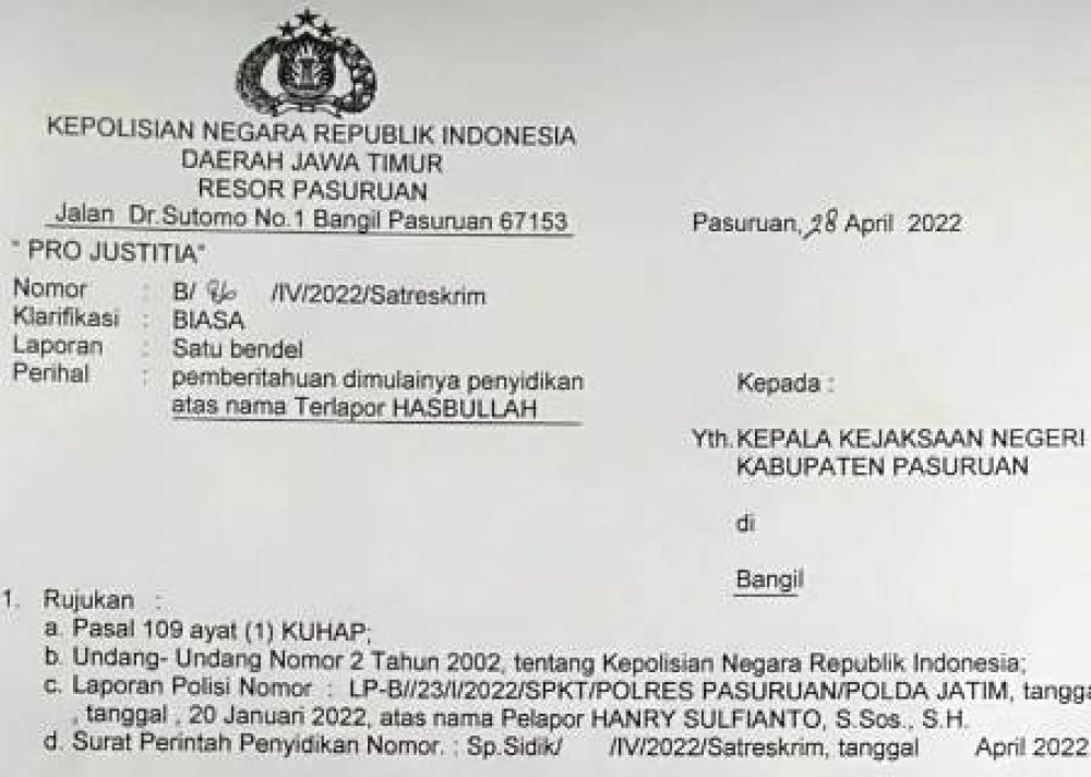 SPDP Hasbullah masuk di Kejaksaan